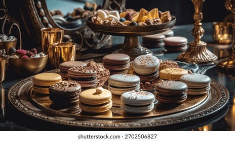 A shining golden platter displaying an array of freshly prepared colorful macaroons