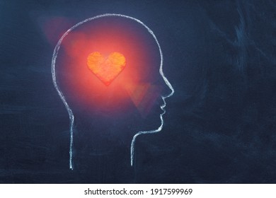 Shining Heart In Human Head. Love, Instinct And Romance Concept. Chalk Drawing. Copy Space. Psychology, Valentine Day, Volunteer Symbol.