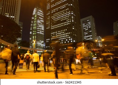 Shinjuku Night Blurred Light Motion People Walk On Street In The City 