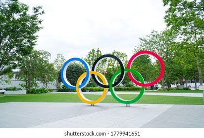 SHINJUKU TOKYO, JAPAN - July 11,2020 : The five ring symbol of the Olympic Games in front of Tokyo museum Japan will host the Tokyo 2020 summer olympics but suspended by COVID-19 pandemic.