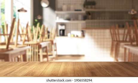 Shinny empty natural wooden counter top with blurred 3D Rendering picture of a temporarily closed restaurant or cafe with all the chairs stacked upside down on the table. Lockdown, Product background 