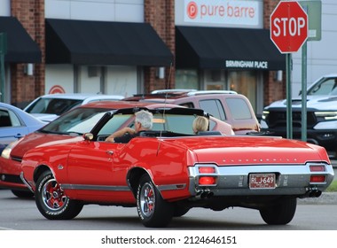 Shinny Red Restored Convertible Car From Old's Mobile On Woodward Dream Cruse, 2021. 