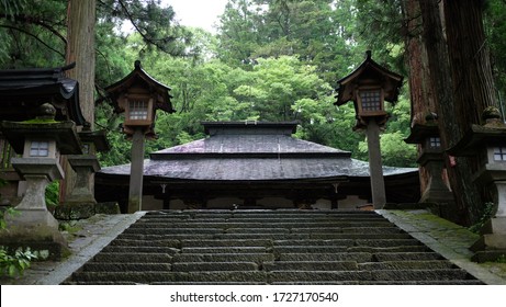 Shinto shrine in Takayama, Gifu, Japan during summer on a foggy day