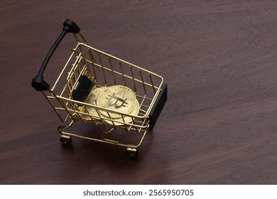 Shiny Bitcoin displayed inside a golden shopping cart over a rustic wooden surface, representing stock market ideas. - Powered by Shutterstock