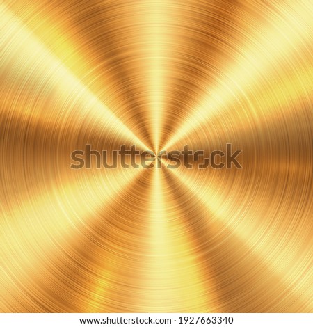 Shiny brushed metallic gold circular background texture. Bright polished metal bronze brass plate. Round shiny glossy gold texture