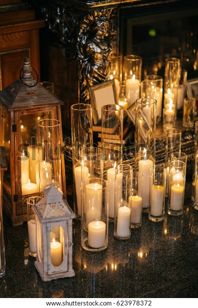 Shiny Candles Tall Glass Vases Stand Stock Photo Edit Now 623978372