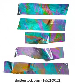 Shiny crumpled foil stickers. Cool set of metallic holographic sticky tape shapes isolated on white. Holo glitter stripes or snips.