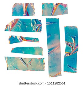 Shiny crumpled stickers. Cool set of metallic holographic sticky tape shapes cuts isolated on white background. Holo glitter stripes or snips. - Shutterstock ID 1511282561