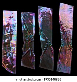 glänzend zerbrochene Aufkleber. Cool-Satz von metallischen, holografischen Klebebandformen schneiden einzeln auf schwarzem Hintergrund. Holo glänzende Streifen oder Snips.