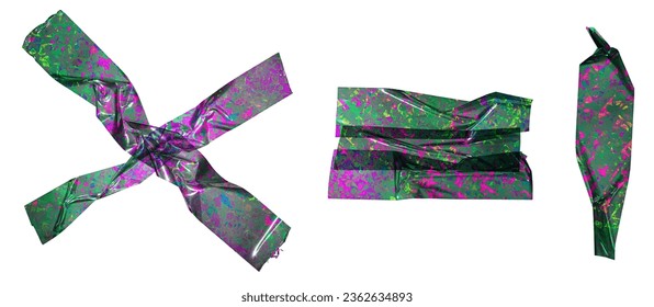 Shiny crumpled stickers. Cool set of metallic holographic sticky tape shapes isolated on white. Holo glitter stripes or snips. - Shutterstock ID 2362634893
