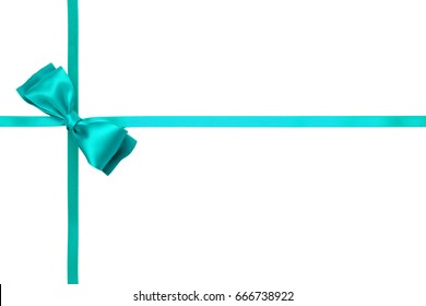 Shiny Cyan Satin Ribbon With Gift Bow On White Background