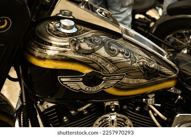 Shiny detailed and artistic motorcycle gas tank close up  - Shutterstock ID 2257970293