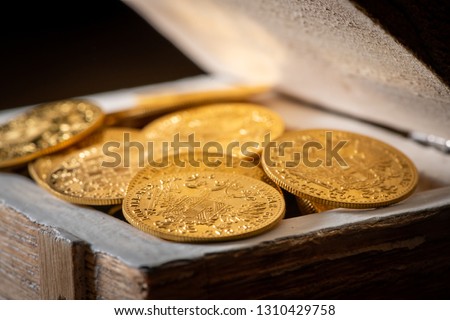 Shiny gold coins (Austrian ducats) in a small wooden treasure box [[stock_photo]] © 