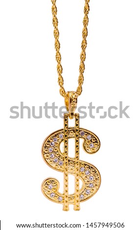 Shiny Gold dollar necklace isolated on white background.