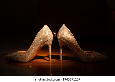 Shiny Gold Wedding Shoes With Bridal Rings