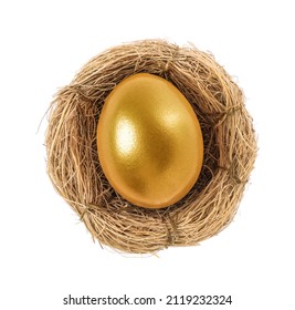 Shiny Golden Egg In Nest On White Background, Top View