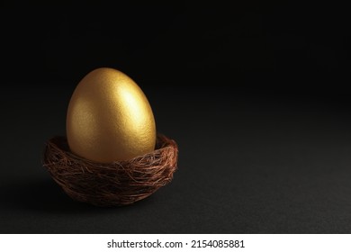 Shiny golden egg in nest on black background, space for text - Powered by Shutterstock