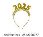 Shiny golden headband showcasing the year "2025," a fashionable accessory for welcoming the new year or commemorating special occasions with style.