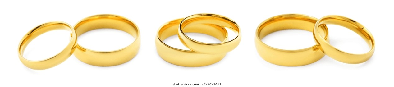 Anillos de boda dorados brillantes sobre fondo blanco, conjunto