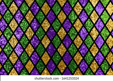Shiny green, purple and golden glittering paillettes diamonds background pattern fabric with empty space for copy, room for text. Mardi Gras holiday poster backdrop.