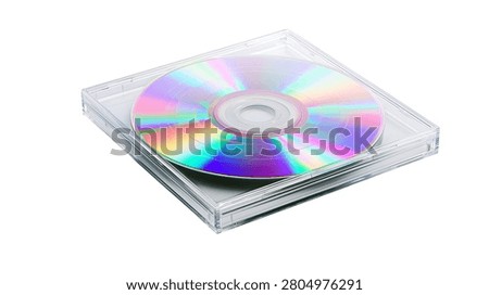 Shiny iridescent compact disc inside a clear plastic jewel case