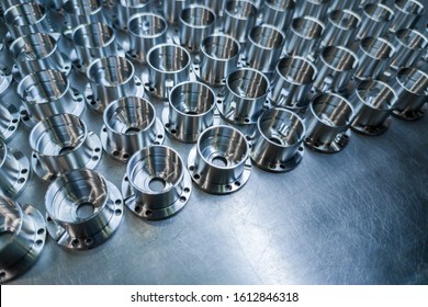 Shiny Metal Aerospace Parts After Cnc Machining On Steel Surface With Selective Focus, Industrial Background