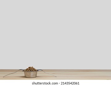 A Shiny Metal Bowl Filled With Dry Dog Food Stands On A White Background And Is Served With A Spoon And Fork. Dinner Time.