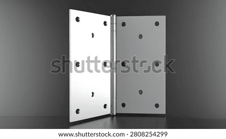 Shiny, metallic hinge partially open, showing screw holes, set against a gradient grey background