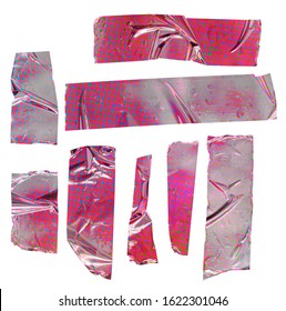 Shiny pink crumpled sticker. Cool set of metallic holographic sticky tape shapes isolated on white background. Holo glitter stripees or snips with color blocking feel. - Shutterstock ID 1622301046