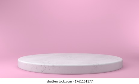 Shiny pink round marble pedestal podium. Abstract high quality 3d concept illuminated pedestal by spotlights on white background. Futuristic marble background. 3d render. Can be used on banners, web. - Shutterstock ID 1761161177