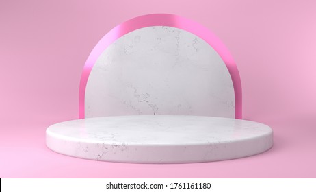 Shiny pink round marble pedestal podium. Abstract high quality 3d concept illuminated pedestal by spotlights on white background. Futuristic marble background. 3d render. Can be used on banners, web. - Shutterstock ID 1761161180