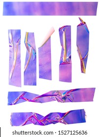 Shiny purple crumpled stickers. Cool set of metallic holographic sticky tape shapes isolated on white background. Holo glitter stripes or snips.