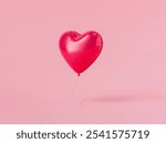 Shiny red heart shaped balloon floating on a pink background. 3d rendering