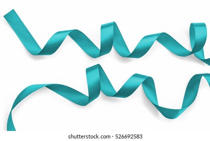 Shiny Satin Ribbon In Teal Green Blue Color Isolated On White Background With Clipping Path