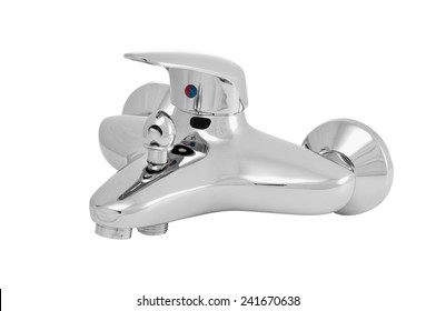 Shiny Shower Water Chrome Faucet Isolated On White Background