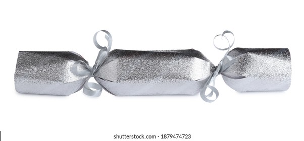 Shiny Silver Christmas Cracker Isolated On White, Closeup