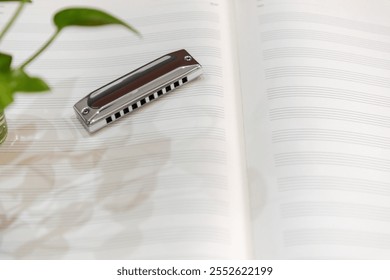 A shiny steel harmonica placed on an open blank music sheet notebook, with soft green leaves in the corner, reflecting creativity, calmness, and the art of musical composition. Diatonic harmonica. - Powered by Shutterstock