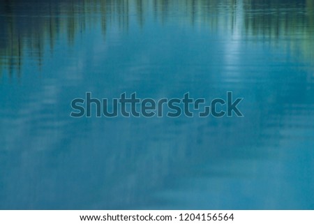 Shiny texture of surface of mountain lake. Background with reflection of green mountains with tops of conifer trees in clear water in sunny day under blue sky. Coniferous forest reflected in water.