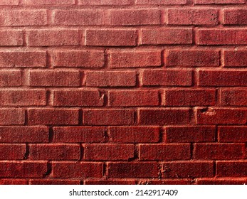 A Shiny Wet Red Painted Stone Brick Wall Alley Warehouse Chimney Stack House Exterior Building Retro Light Closeup