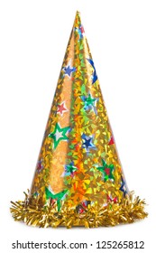 Shiny Yellow Party Hat On White Background