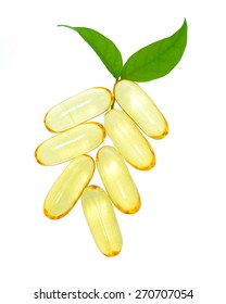 Shiny Yellow Vitamin E Fish Oil Capsule Isolated On White Background
