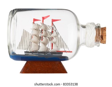 Ship In A Bottle Isolated On A White Background. With Clipping Path.