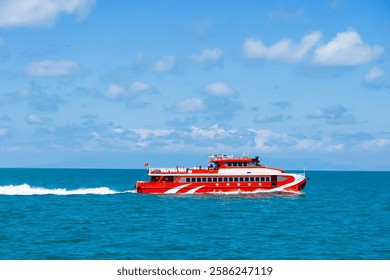 The ship breaks the waves