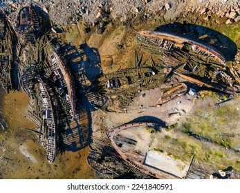 Ship cemetery on the coast of the Barents Sea in Teriberka.