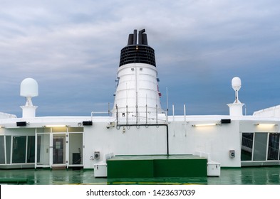 Ship Chimney On Upper Deck Of Cruise Liner