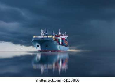 Ship With Container Import Export On Storm Sky.