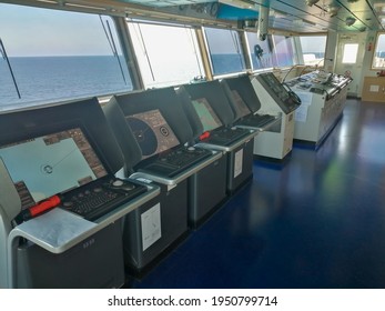 Ship Control Panel In Captain's Bridge, Navigation Equipment