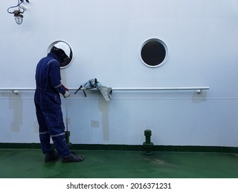 A Ship Crew Is Taking Sounding Of A Ballast Tank For Draft Survey Calculation On Aboard A Cargo Ship Or Bulk Carrier.