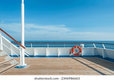 Ship deck, buoy and blue ocean. Travel background - Powered by Shutterstock