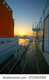 Ship Deck Corridor at Sunset
